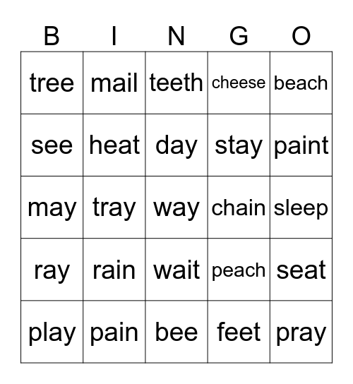 ai, ay, ea, ee Bingo Card