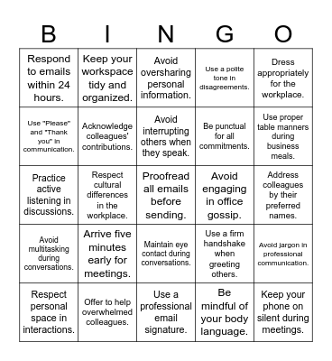 JD Aspire - Workplace Etiquette Bingo Card