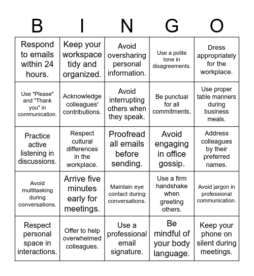 JD Aspire - Workplace Etiquette Bingo Card