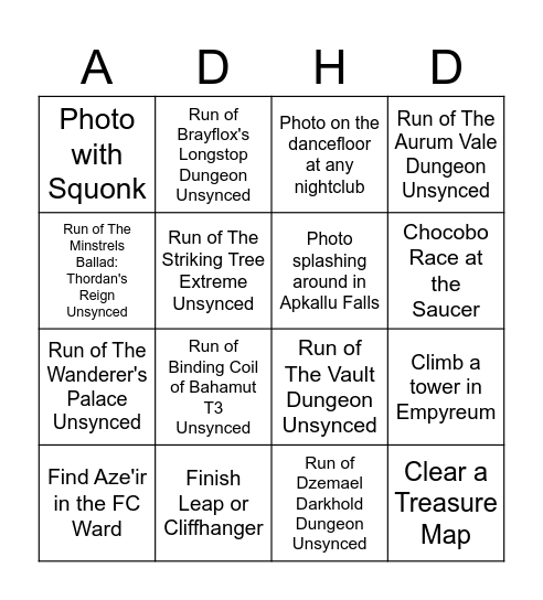 Executive Dysfunction Bingo Card
