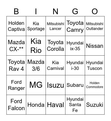 Kiss & Drop Cars Bingo Card