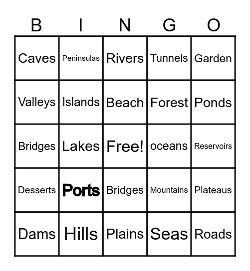 Physical Features Bingo Card