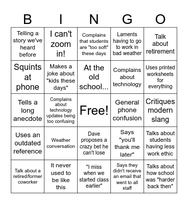 Boomer Lunch Bingo Card