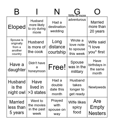 Marriage Retreat "Getting to Know You" Bingo Card