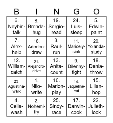 Our Class 2025 and Verbs Bingo Card
