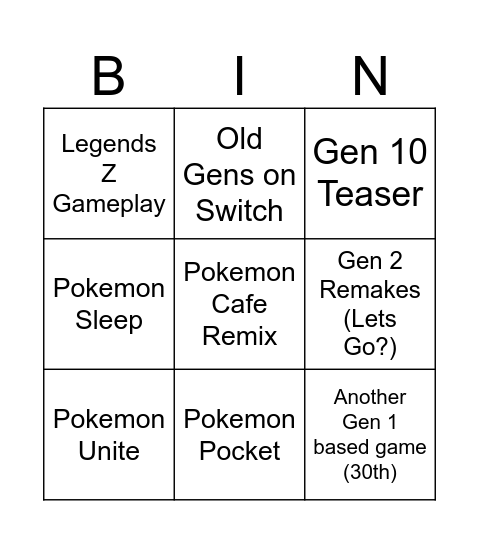 Pokemon Day Bingo Card