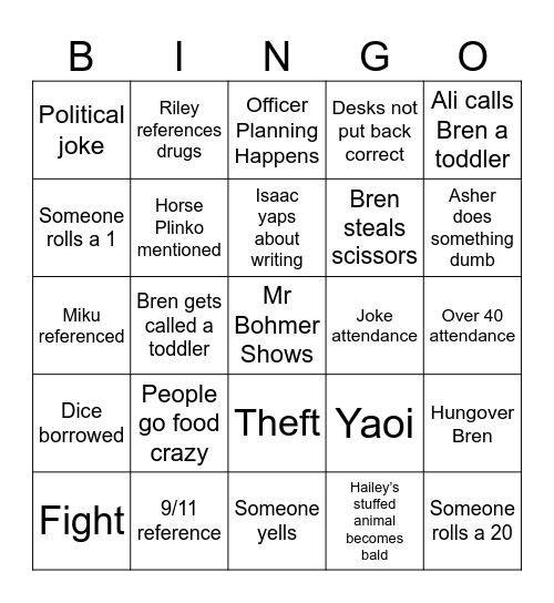 D&D Club Bingo Card