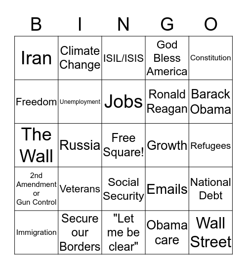 2016 - Clinton / Trump Presidential Debate Bingo Card