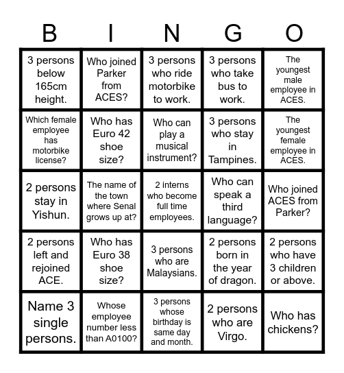 ACES BINGO Challenge Bingo Card