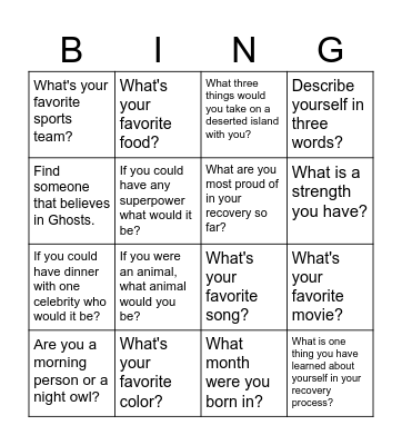 Get to know each other Bingo Card