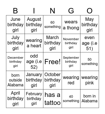 Galentine's Birthday Bingo Card