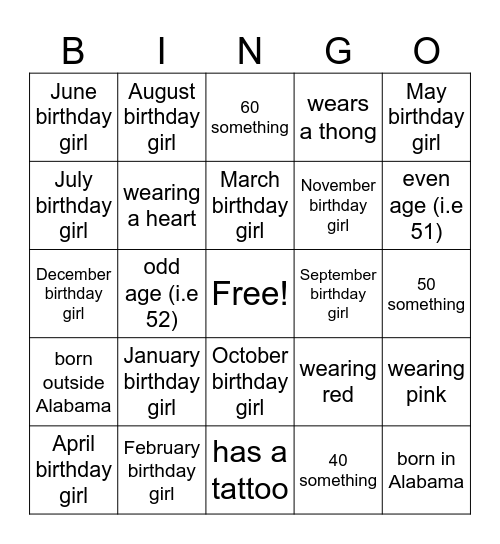 Galentine's Birthday Bingo Card