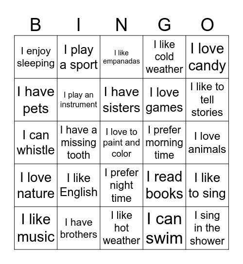 Things in common Bingo Card