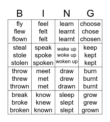 Irregular Verbs Bingo Card