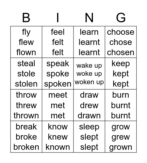 Irregular Verbs Bingo Card