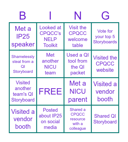 CPQCC Improvement Palooza 2025 Bingo Card