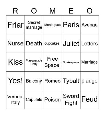 ROMEO AND JULIET Bingo Card