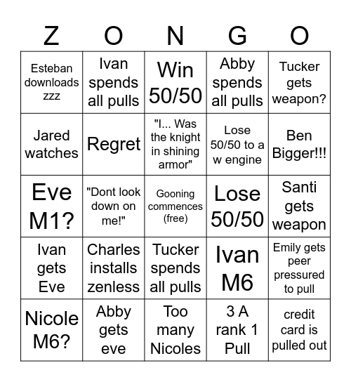ZONGO!!!! Bingo Card