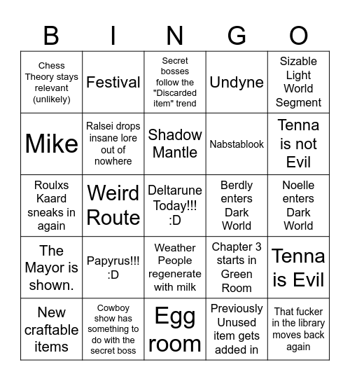 Deltarune Chapters 3+4 Bingo Card
