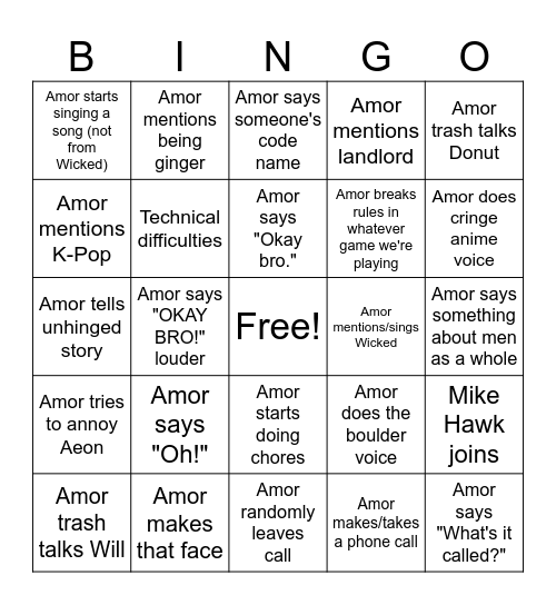 Amor Bingo Card