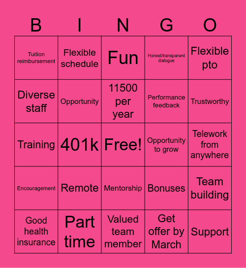 Next Steps Bingo Card
