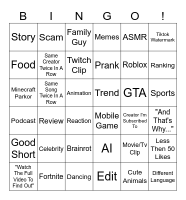 Youtuber Shorts Bingo Card