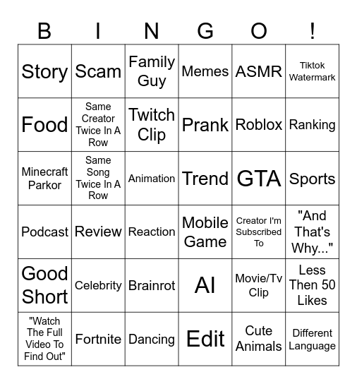 Youtuber Shorts Bingo Card