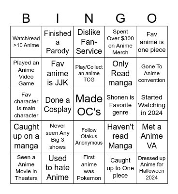 Anime Club Bingo Card