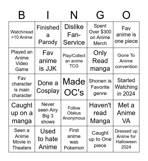 Anime Club Bingo Card