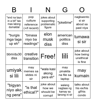 BMAS 105 Bingo card Bingo Card