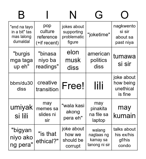 BMAS 105 Bingo card Bingo Card