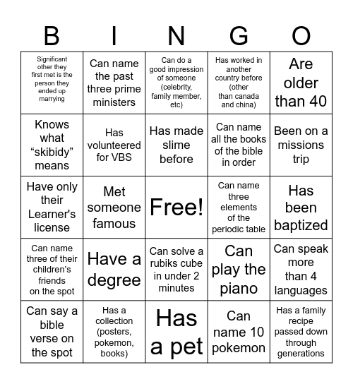 Human Bingo Card