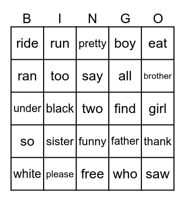 Sight Words Bingo Card