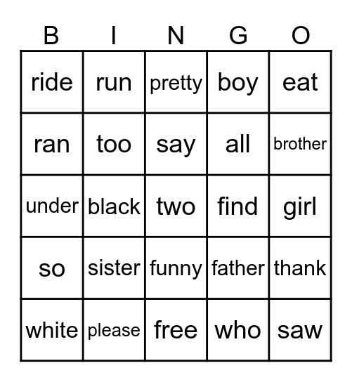 Sight Words Bingo Card