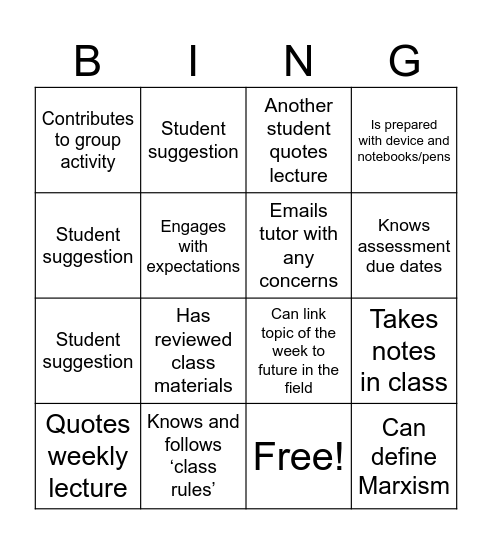 WAAPA Participation Bingo Card