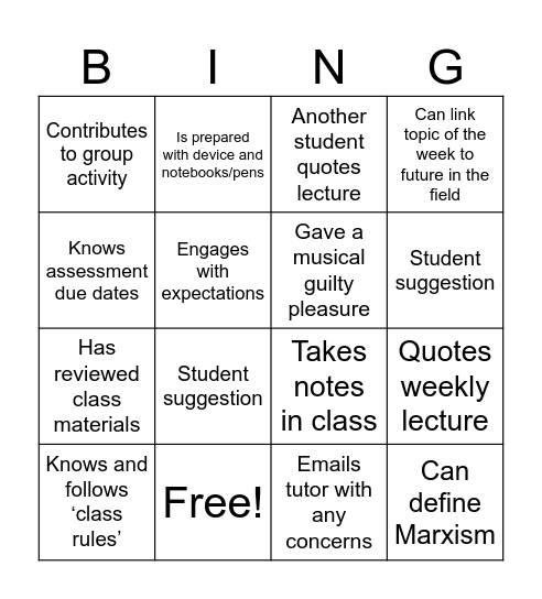 WAAPA Participation Bingo Card