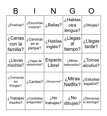-AR verbs Bingo Card