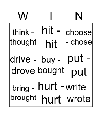 Irregular Verbs Bingo Card