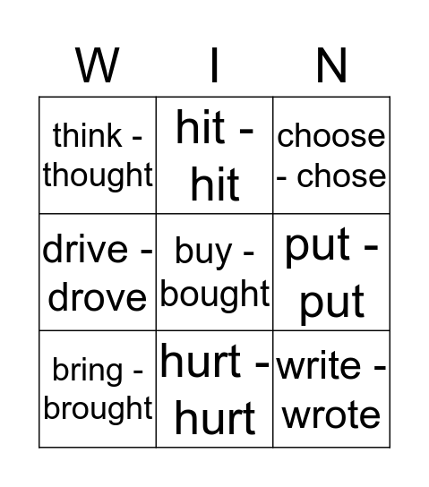 Irregular Verbs Bingo Card