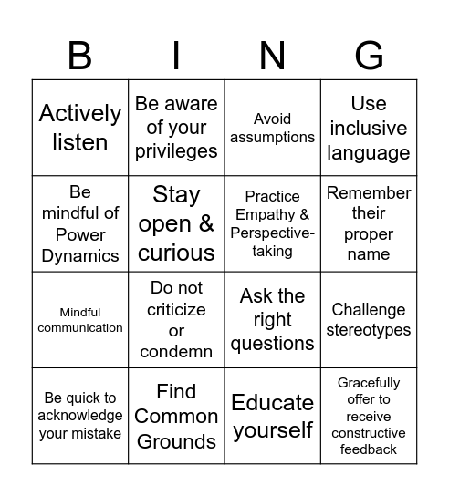Inclusion Bingo Card Bingo Card