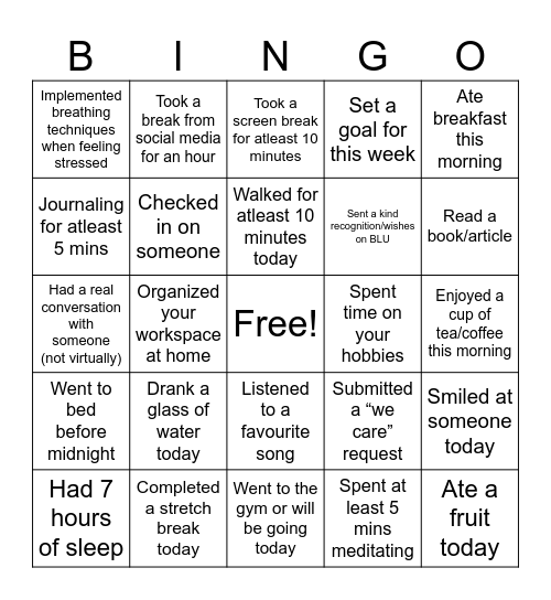 Wellness Bingo Card