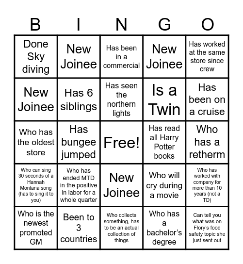 Team Building Bingo Card