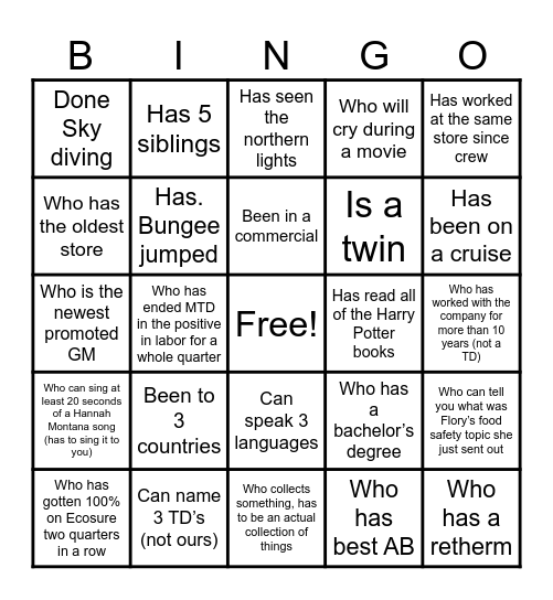 Team Building Bingo Card