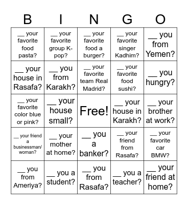 Am Is Are Questions Bingo Card