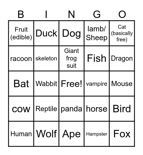 Furry Cosplay bingo Card