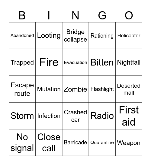 Zombie Apocalypse Bingo Card