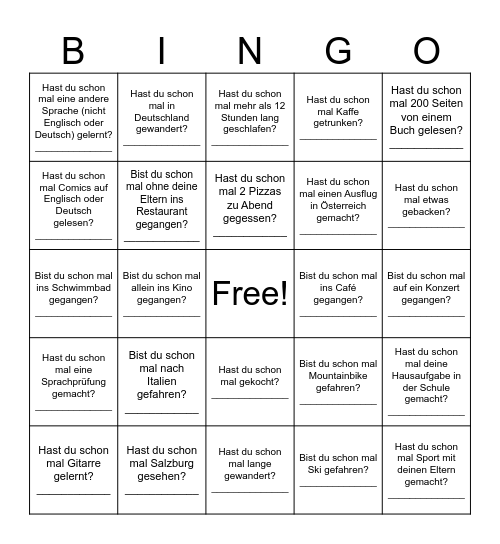 Bist / Hast du schon mal Bingo Card