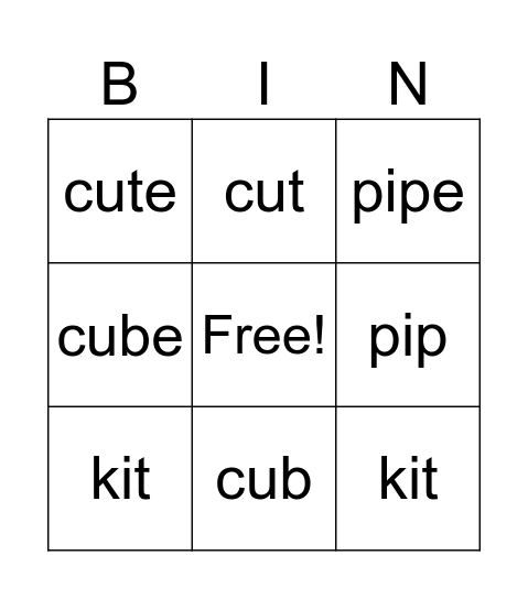 long and short 'i' and 'u' Bingo Card