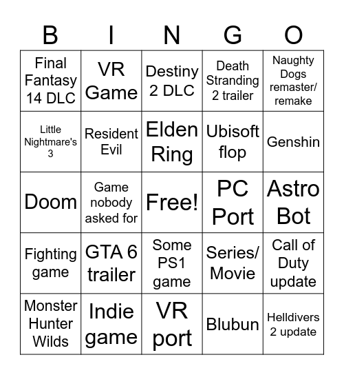 State of Play Bingo Card