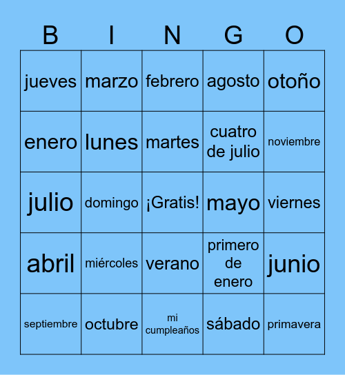 Los días y los meses Bingo Card